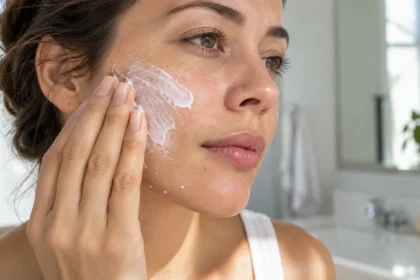 Close-up of sunscreen rolling into small flakes on a woman’s cheek.