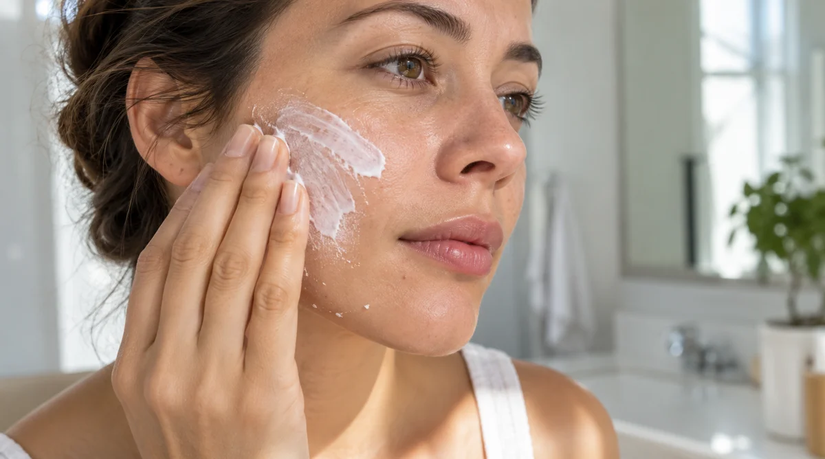 Close-up of sunscreen rolling into small flakes on a woman’s cheek.