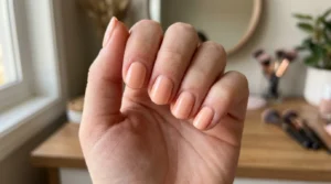 Close-up of soft milky peach nails with a glossy finish