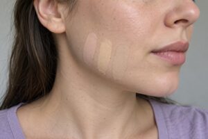Three light foundation swatches with pink, golden and neutral undertones along a fair-skinned woman’s jawline.