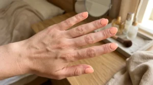 Close-up of classic pastel peach nails with a soft glossy finish
