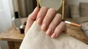 Close-up of a natural nude-peach manicure with a soft glossy finish