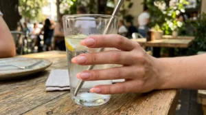 Close-up of sheer nude nails with soft peach French tips