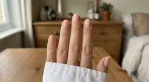 Close-up of sheer nude nails with delicate peach micro French tips