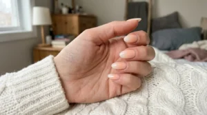 Close-up of peach and white ombré nails with a soft glossy finish