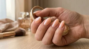 Close-up of milky peach glazed nails with a soft pearly sheen