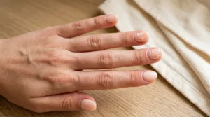 Close-up of soft peach nails with delicate floral accents