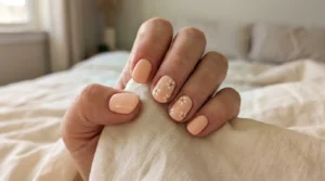 Close-up of peach nails with delicate white daisy accents