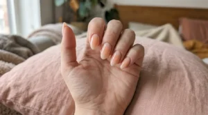 Close-up of soft peach aura nails with a diffused glowing center