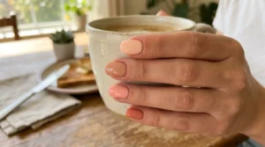 Close-up of mixed peach and coral shades on a glossy manicure