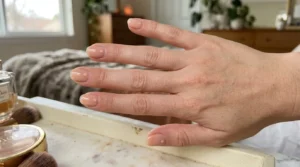 Close-up of nude-peach nails with minimal peach dot accents