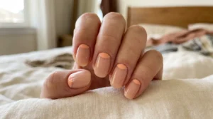 Close-up of nude-peach nails with delicate peach half-moon accents