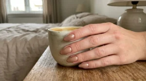 Close-up of creamy mocha glazed nails with a soft luminous finish