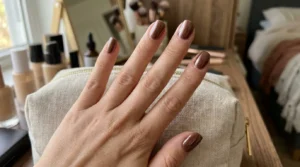 Close-up of short brown chrome nails with a smooth reflective finish