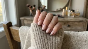 Close-up of delicate brown chrome micro French tip nails on a nude base