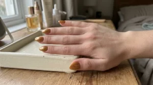Close-up of warm caramel brown chrome nails with a glossy reflective finish