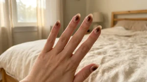 Close-up of chocolate brown aura nails with a soft glowing gradient