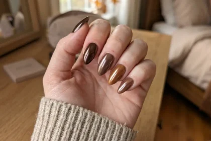 Close-up of glossy brown chrome nails in a cozy fall beauty aesthetic