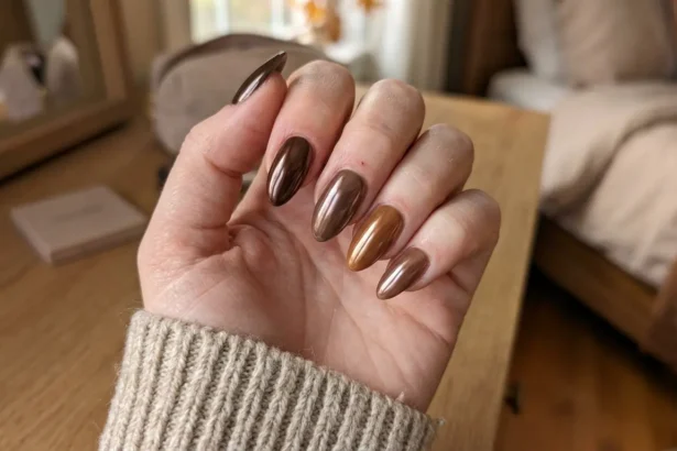 Close-up of glossy brown chrome nails in a cozy fall beauty aesthetic