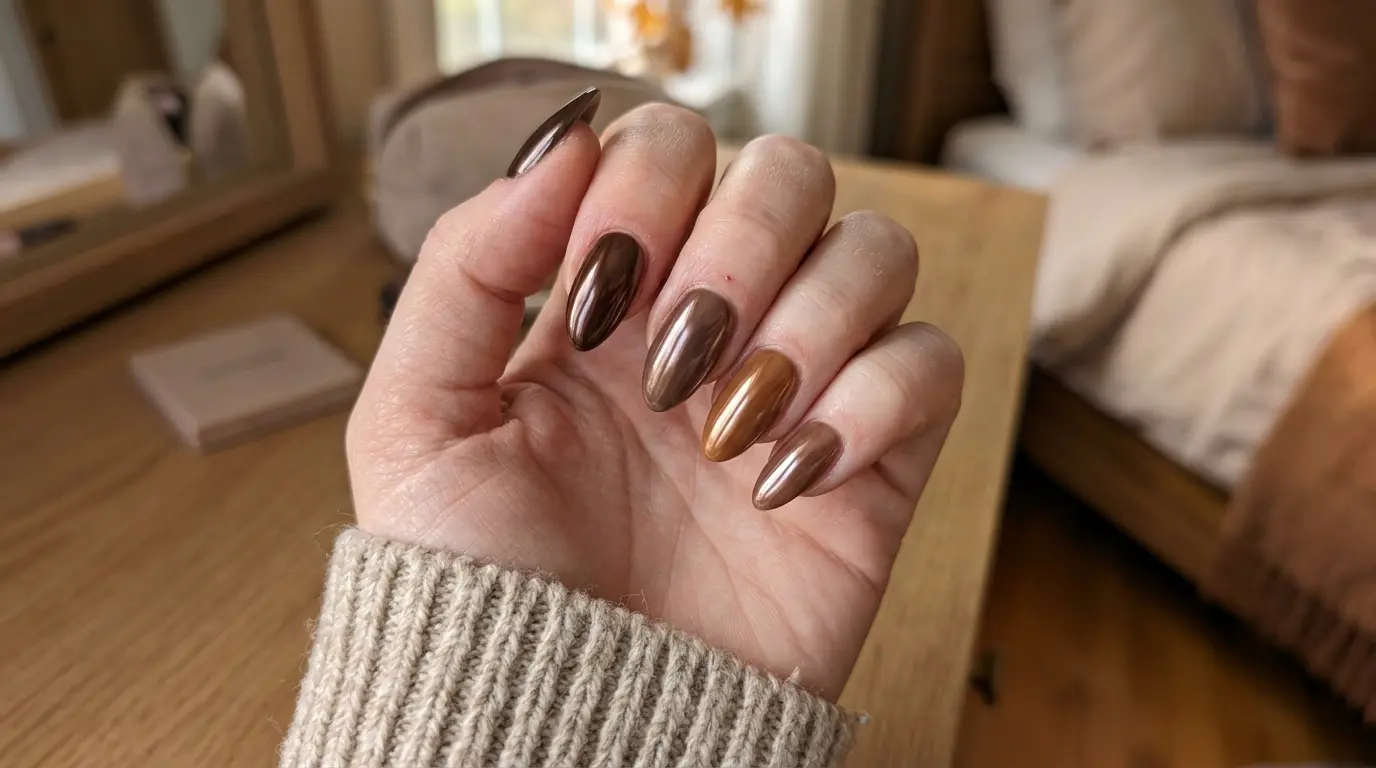 Close-up of glossy brown chrome nails in a cozy fall beauty aesthetic