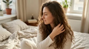 Young woman wearing her naturally loose hair in a relaxed beauty setting