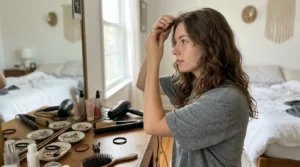 Young woman styling her front hair gently during a natural beauty routine
