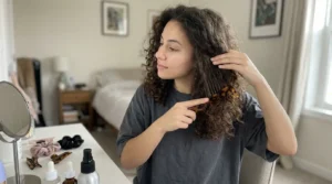 Young woman gently detangling her naturally textured hair with a wide-tooth comb
