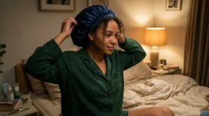 Young woman wearing a satin bonnet as part of her nighttime hair-care routine