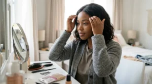 Young woman comfortably adjusting a natural-looking wig at home