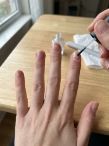 Woman applying a thin clear base coat to natural nails before a cat-eye manicure