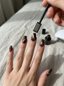 Woman holding a nail magnet steady over brown cat-eye polish to create the magnetic shimmer