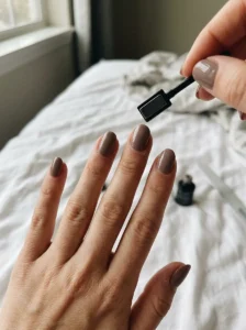 Woman using a nail magnet when no cat-eye stripe appears on the taupe polish