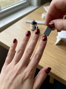 Nail magnet held too close to wet dark cherry cat-eye polish