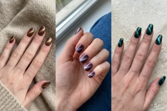 Three real-looking cat eye nail designs with brown, plum, and emerald magnetic shimmer