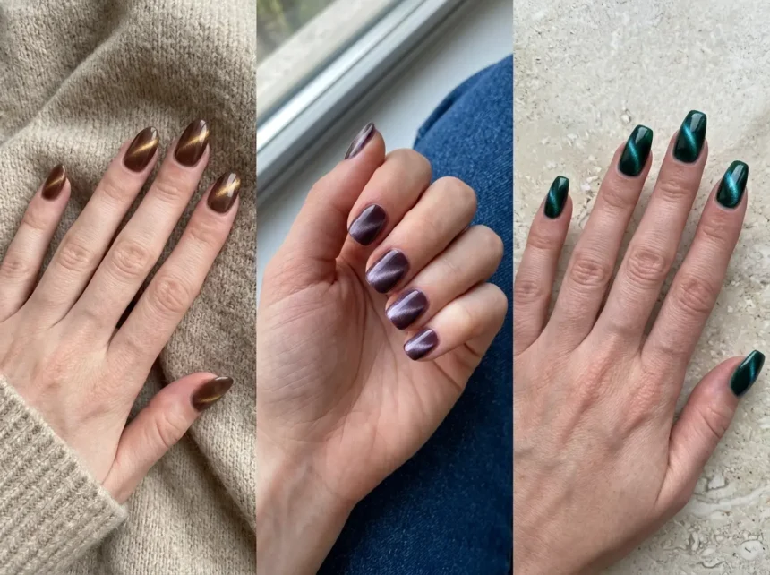 Three real-looking cat eye nail designs with brown, plum, and emerald magnetic shimmer