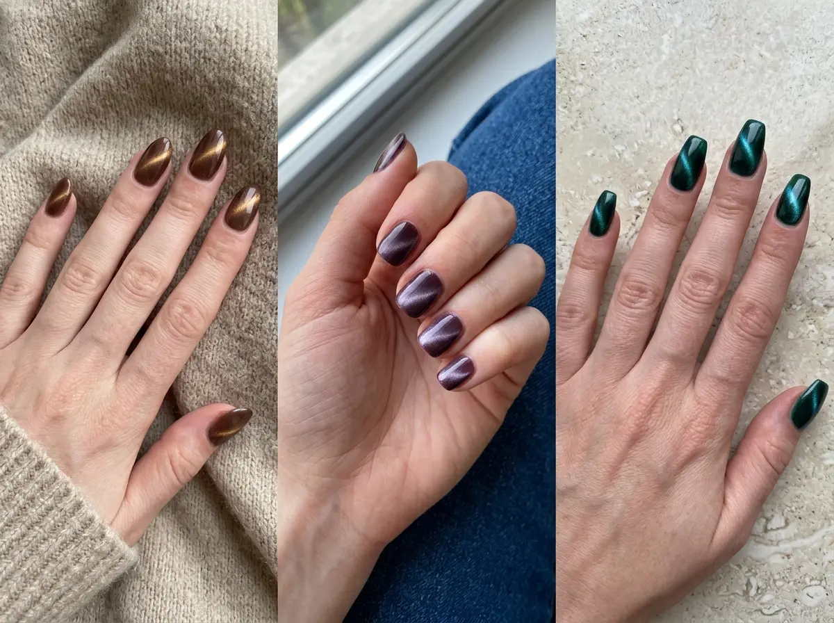 Three real-looking cat eye nail designs with brown, plum, and emerald magnetic shimmer