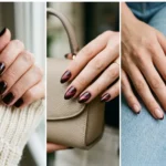 Three black cherry nail designs including glossy, cat eye, and French tip styles