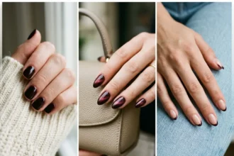 Three black cherry nail designs including glossy, cat eye, and French tip styles