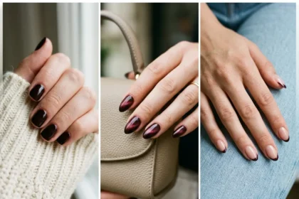 Three black cherry nail designs including glossy, cat eye, and French tip styles