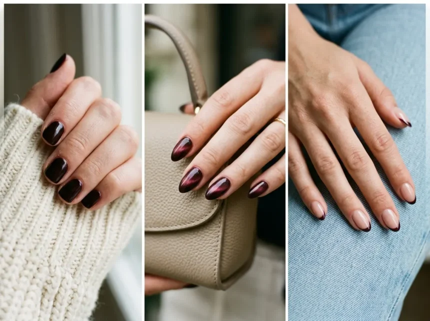 Three black cherry nail designs including glossy, cat eye, and French tip styles