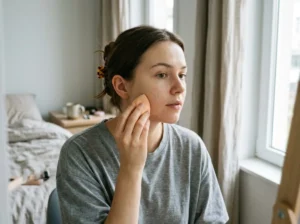 Woman applying foundation with a makeup sponge for an even finish