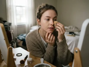 Woman blending patchy foundation with a damp makeup sponge