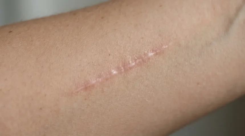 Close-up of a subtle pink-beige scar on a woman’s forearm in soft daylight.