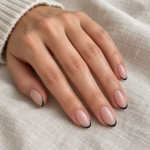 Black micro French tips on nude-pink almond nails resting on beige linen