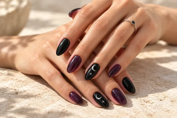 Summer witchy nails in glossy black and deep plum with silver moon and star accents. 10