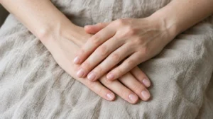 Fair-skinned hands with sheer pink nails resting on taupe linen.