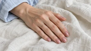 Glossy rosy nude nail polish on a fair-skinned hand resting on ivory fabric.