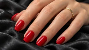Glossy classic red nails on a fair-skinned hand resting on black satin.