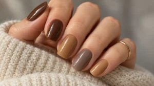 Glossy brown, caramel, and taupe nails against cream knit fabric.