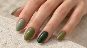 Glossy sage, olive, and deep green almond nails resting on pale stone